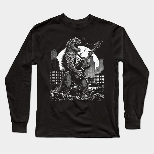 Godzilla Playing a Guitar Long Sleeve T-Shirt by AI studio